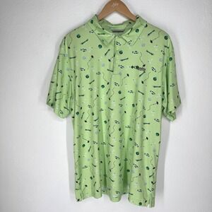 Columbia PFG Men Lime Green Fish Martini Novelty Print Polo Shirt Large Tropical